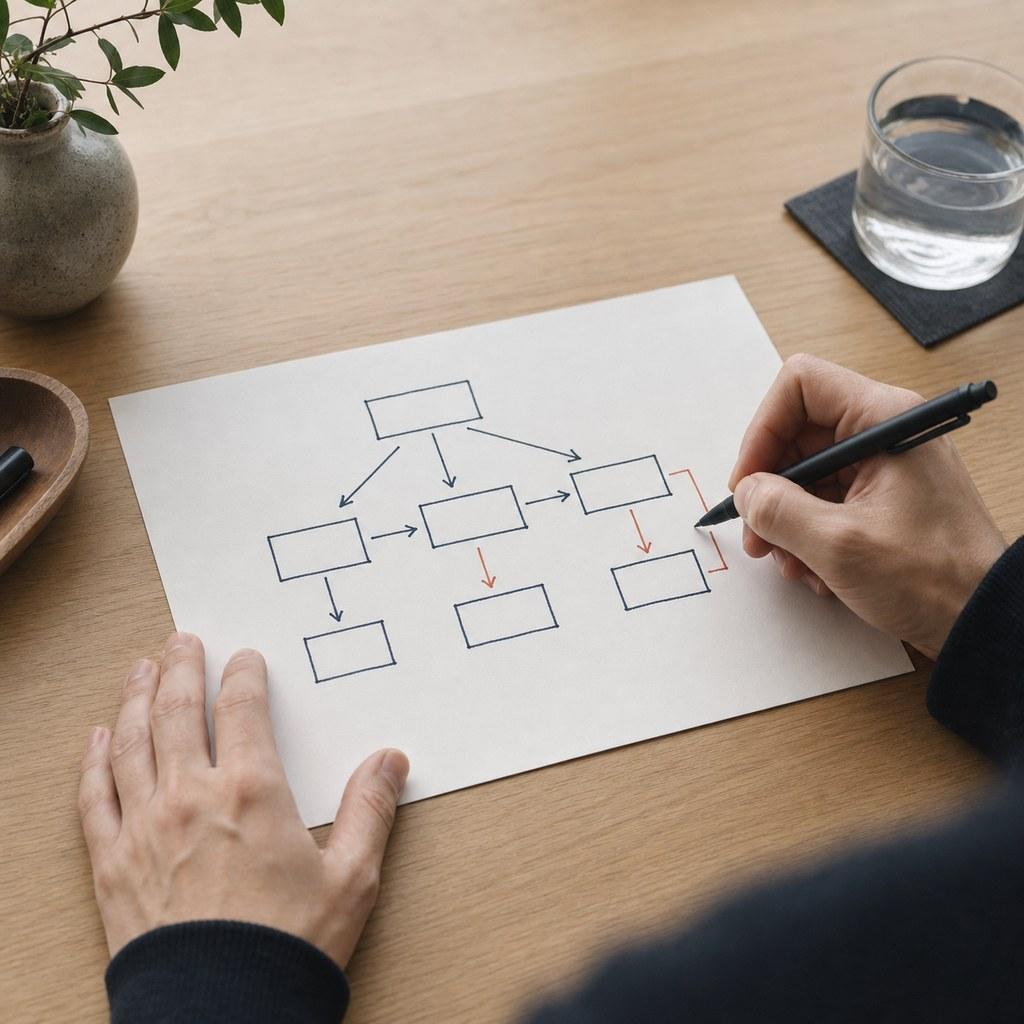 紙に四角と矢印だけの簡単な図を手描きしている手元