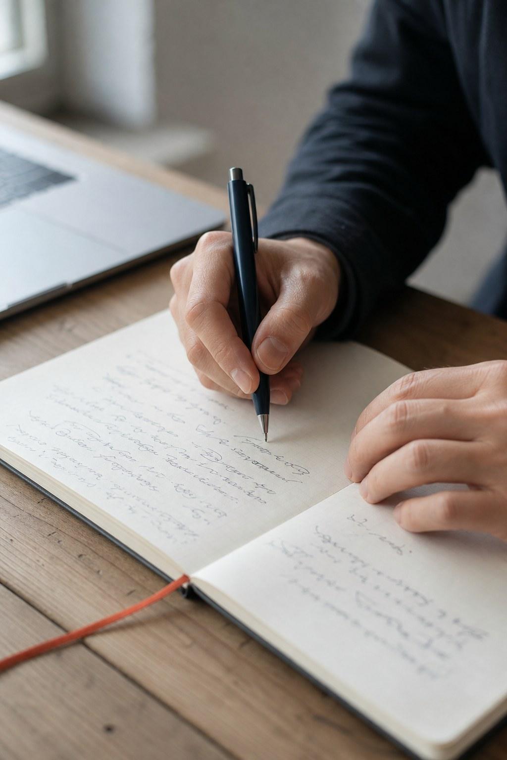 デスクの上でノートに手書きでメモを取っている手元