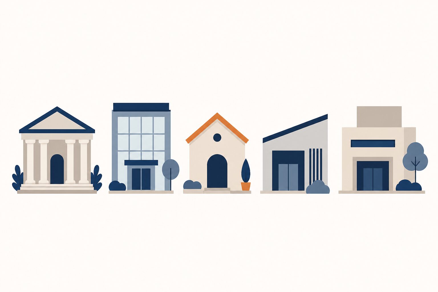 形の違う5つの建物アイコン。相談先が5種類あることを並べて示したイラスト